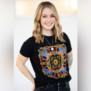 🆕 ZARA made in morocco Black Tee with versace look Vibrant Graphic medium